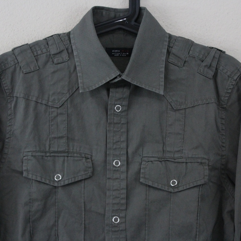 Zara Military Olive Army Green Button Up Shirt P94 - Picture 2 of 4